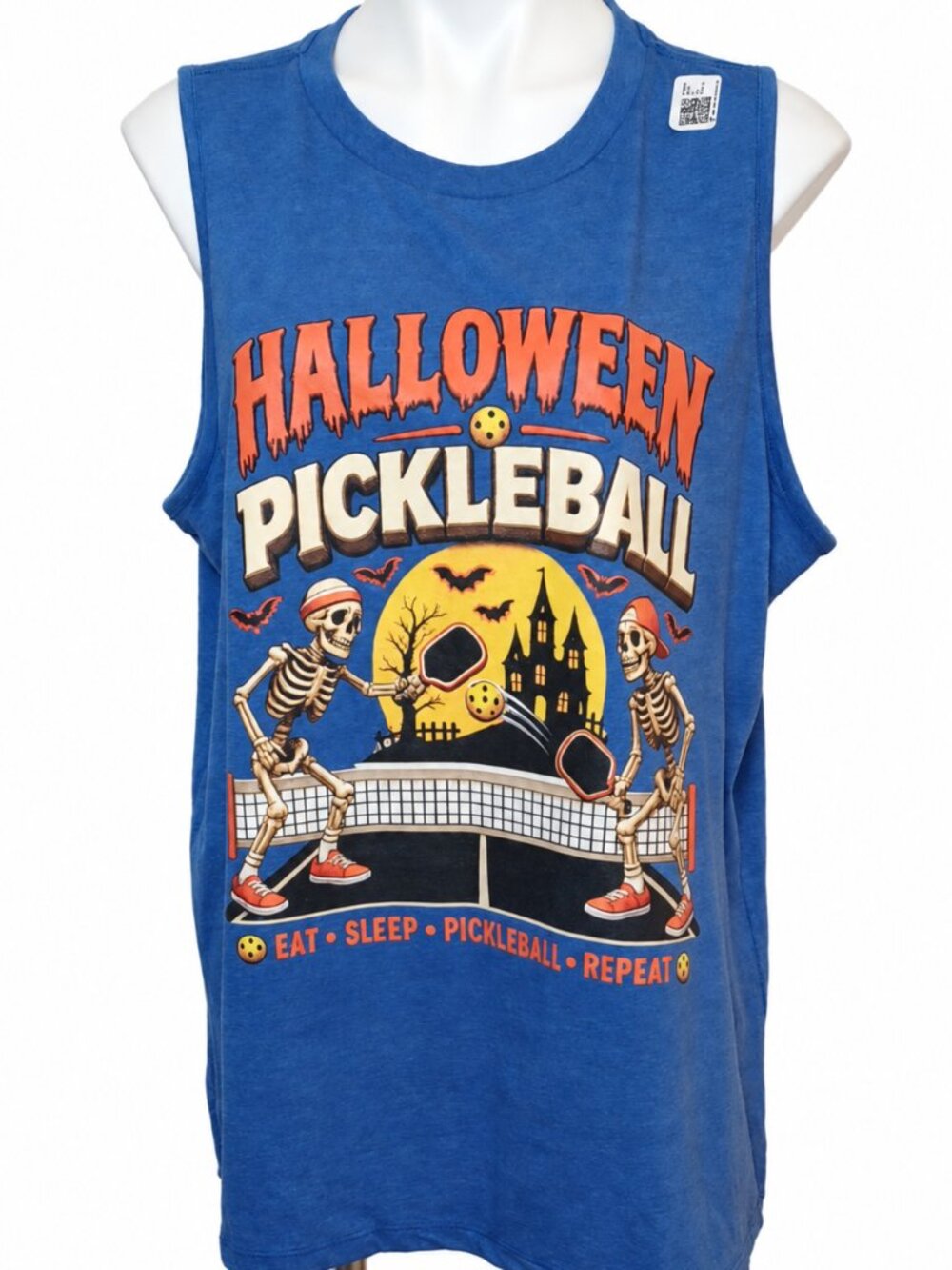 Plus Size 2XL Halloween Pickleball Skeletons Blue Sleeveless Graphic Tank Top